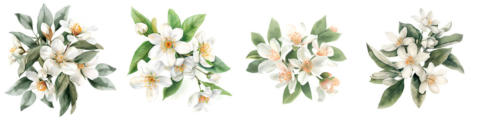 Obraz premium Set of four watercolor white floral arrangements with green leaves, isolated on transparent background