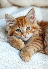 A curious orange tabby kitten listening with a head tilt on a white  background , isolated on white background,  , copy space, copy space for text,