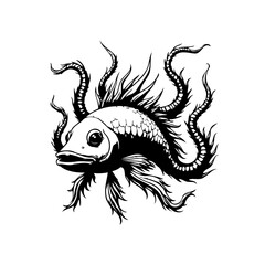 Mystical sea creature with tentacles and fins floating in the deep dark water illustration art style