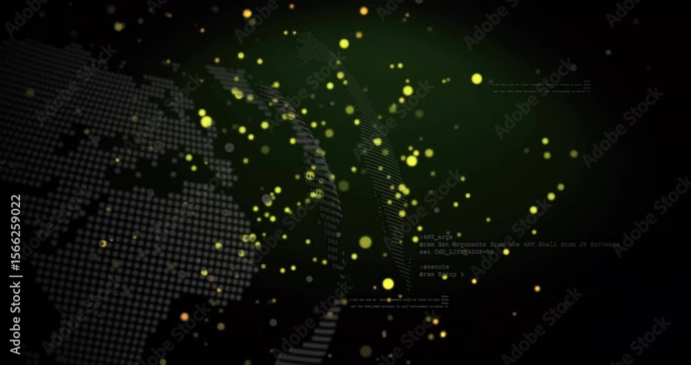 Poster starting dotted globe emerging rotating fading yellow-green data points shifting code network flow