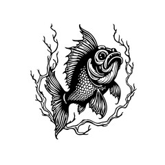 Monochrome fish illustration swimming among seaweed vector design graphic drawing detailed scales fins tail eyes mouth