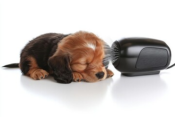Cocker Spaniel Puppy getting his fur dried with a blower, isolated on white , isolated on white background,  , copy space, copy space for text,