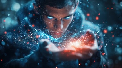 Dramatic Young Man Holding Glowing Particles in His Hands Fantasy Artwork