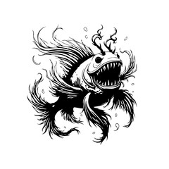 A captivating monochrome illustration of a deep sea fish with elaborate fins and sharp teeth