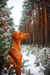vizla boy posing outside. Vizla dog portrait in green background. Forest around. , isolated on white background,  , copy space, copy space for text,