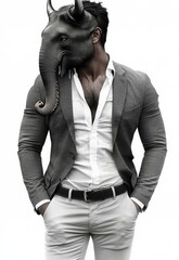 Elephant in a suit. Man with the head of an elephant. Concept graphic in vintage style. , isolated on white background,  , copy space, copy space for text,