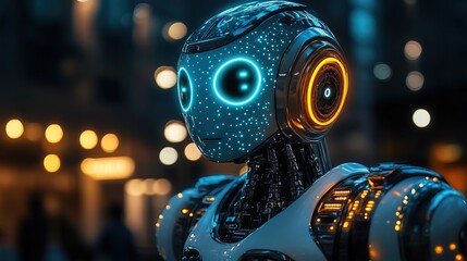 Futuristic Detailed Robot Head with Neon Lights and Bokeh Background Close-Up