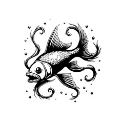 Detailed black and white drawing of a fantasy fish with ornate fins and whiskers creating beautiful art