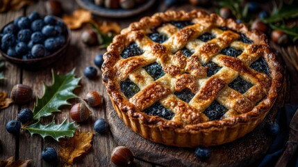 Delicious Blueberry Pie on Rustic Wooden Table