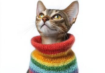 Closeup of a curious sphinx cat wearing a rainbow-colored sweater (on white) , isolated on white background,  , copy space, copy space for text,