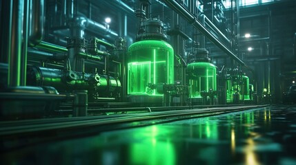 Futuristic Industrial Pipeline Detail with Neon Glowing Glass Containers