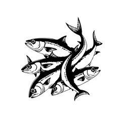 Monochrome illustration of schooling fish swimming together representing unity and harmony in underwater ecosystems