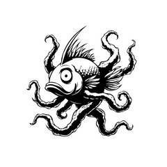 Intricate monochrome tattoo style design of a surreal fish octopus hybrid sea creature