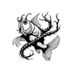 Fish illustration in a monochromatic style with thorny branches for artistic or tattoo designs