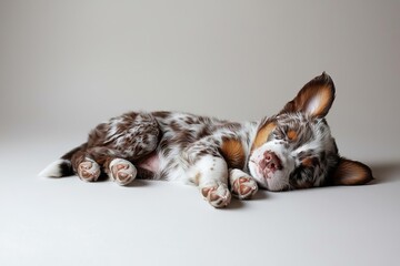 The studio portrait of the puppy dog Australian Shepherd lying and sleeping on the white background,  , isolated on white background,  , copy space, copy space for text,