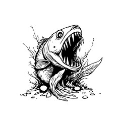 Monochrome aggressive fish illustration with sharp teeth an open mouth for design and decoration background
