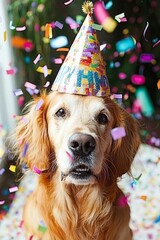 Cute dog with a party hat celebrating her birthday, confetti falling , isolated on white background,  , copy space, copy space for text,