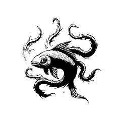 Mystical sea creature ink drawing featuring a fish with serpentine tentacles isolated on white background