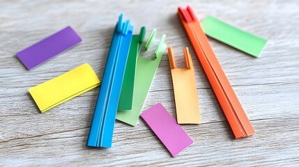 Obraz premium Rainbow Color Paper Strips and Tags on Wooden Background