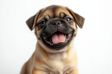Cute pet dog pug breed sitting and smile with happiness feeling so funny and making serious face