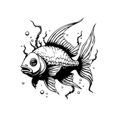 Stylized ink drawing of a goldfish with flowing fins and seaweed creating a vintage aquatic illustration
