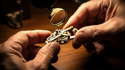Watchmaker carefully examining and repairing intricate gears of a mechanical watch using a magnifying glass, showcasing precision and craftsmanship in horology