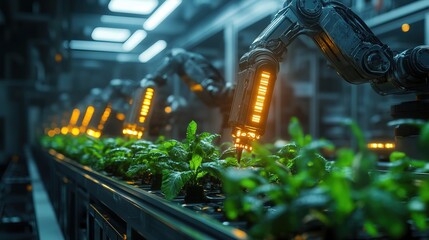 Modern Robotic Arm Cultivating Plant Row in Automated Indoor Farm