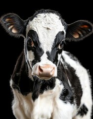 Spotted black and white cow full length isolated on white. Cow close up. Farm animals , isolated on white background,  , copy space, copy space for text,