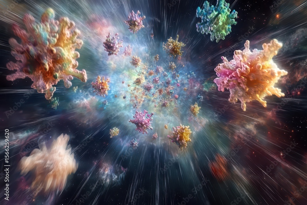 Poster exploring vibrant cosmic cloud formations in a space tunnel at high velocity, a flyby in space tunne