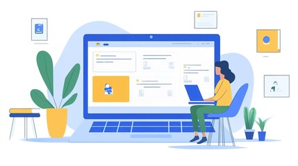 Modern Illustration Woman Working on Laptop with File Management System