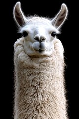 Portrait of a white llama Lama glama isolated on black background , isolated on white background,  , copy space, copy space for text,