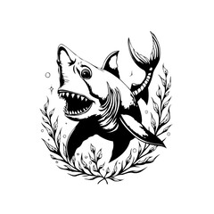 Intricate shark illustration surrounded by seaweed and bubbles creates a striking black and white graphic design