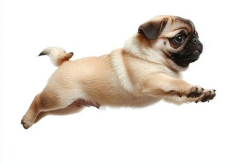 Cute pet dog pug breed jumping with happiness feeling so funny and making serious face