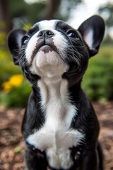 French bulldog puppy stands looking at the viewer with her head tilted. , isolated on white background,  , copy space, copy space for text,