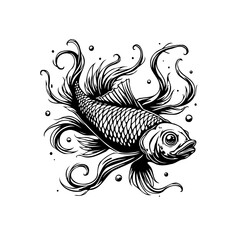 Fototapeta premium Mystical aquatic creature a captivating black and white illustration of a stylized fish with flowing tentacles and scales
