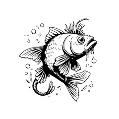 Illustration of a punk rock fish with bubbles in black and white cartoon style drawing