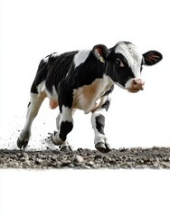 Spotted black and white cow full length isolated on white. Cow close up. Farm animals , isolated on white background,  , copy space, copy space for text,