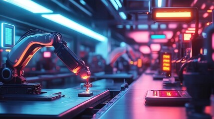 Futuristic Detailed Robot Arm Precision Industrial Manufacturing Machine Assembly Line
