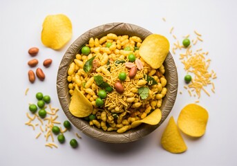 Bhel Puri – Indian Puffed Rice Snack in Leaf Bowl on White Background