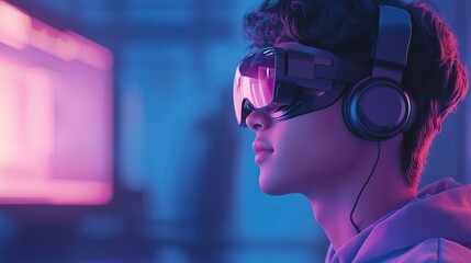 Futuristic Teenager Wearing VR Headset in Neon Lit Gaming Environment