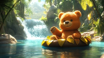 Cute Bear Toy Floating on Raft in Tropical Jungle Adventure Scene