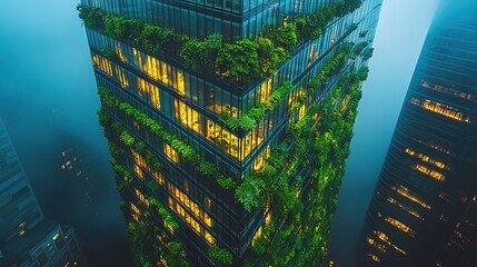 Futuristic High-Rise Building with Greenery in Urban Landscape at Night