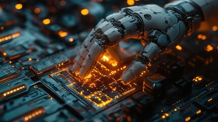 Futuristic Robotic Hand Touching Glowing Circuit Board High Technology Concept