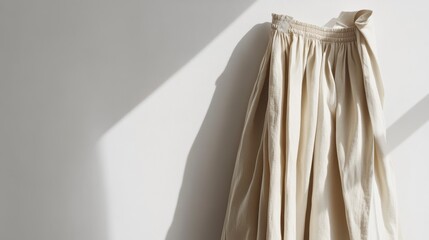 Fototapeta premium Beige linen skirt hanging against a white wall in sunlight.