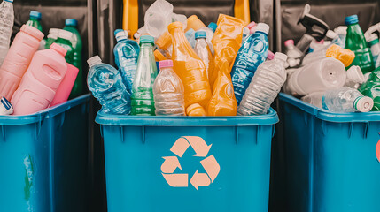 Blue recycling bins filled with various plastic bottles and containers, emphasizing waste sorting and environmental care.