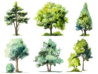 Fototapeta premium Set of watercolor green tree isolated on white background for landscape and architecture drawing, elements for environment and garden, botanical for section in spring