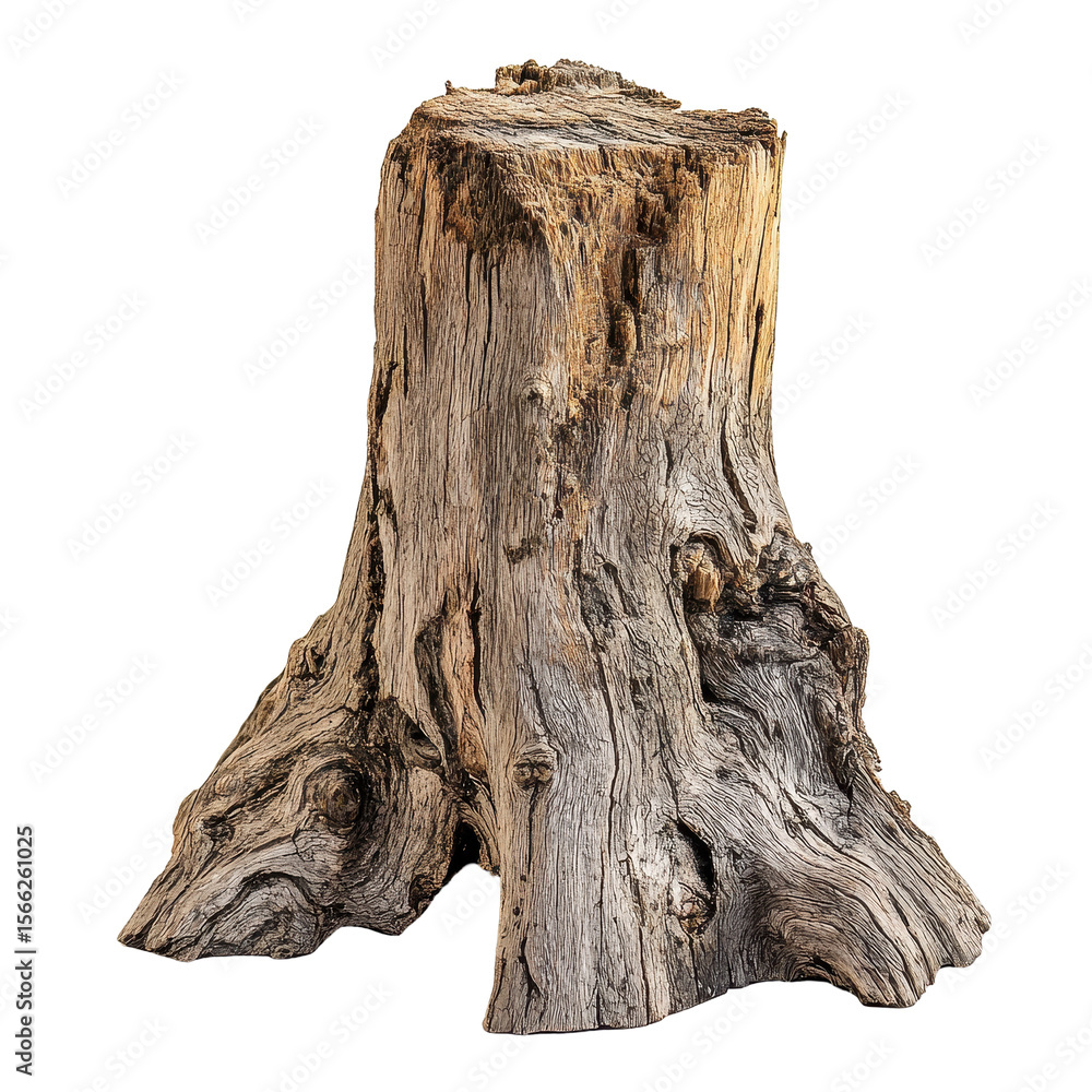 Poster dead log stump exhibiting intricate textures and patterns on a transparent background, dead log stum