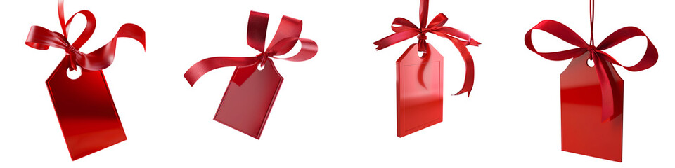 Set of four glossy red gift tags with satin ribbon bows in 3D render style, isolated on transparent background

