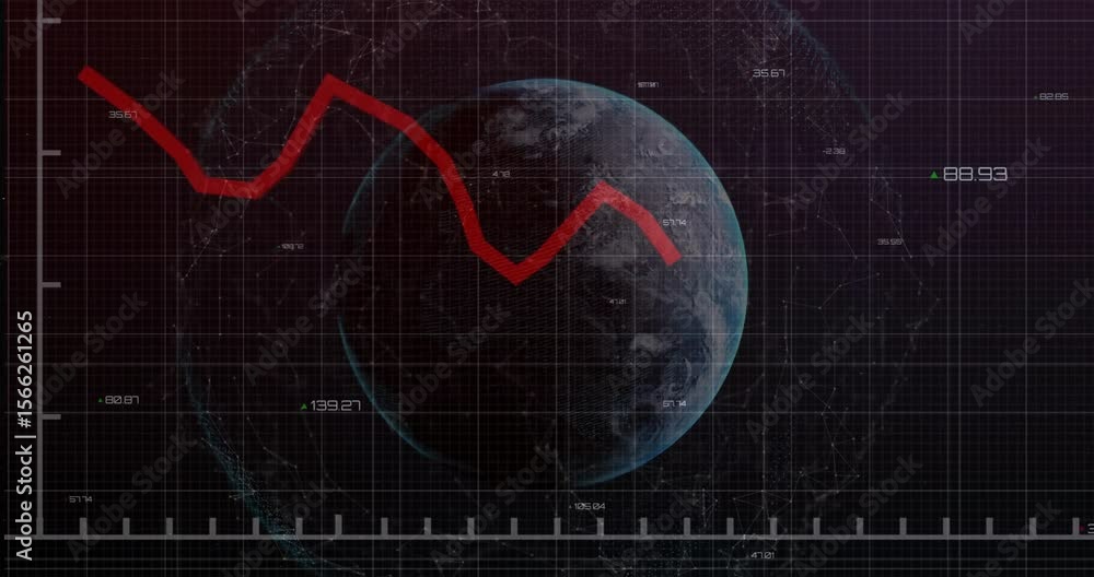 Poster bright red line appearing at grid reticle starting real-time data visualization over rotating globe