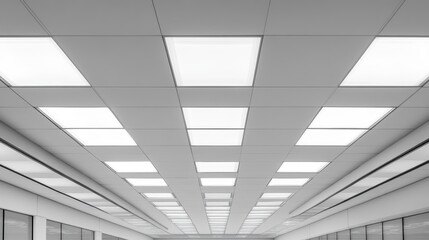 Modern ceiling with bright square LED light panels in a hallway.